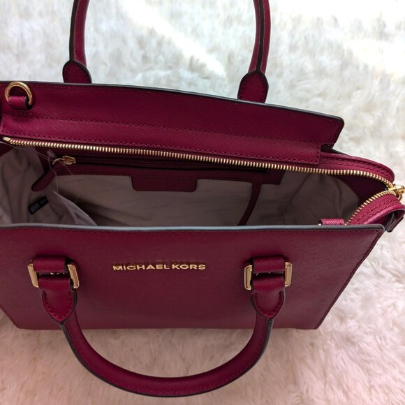 NWT Michael Kors Selma Saffiano Leather Medium Satchel (color: cherry) - Picture 7 of 9